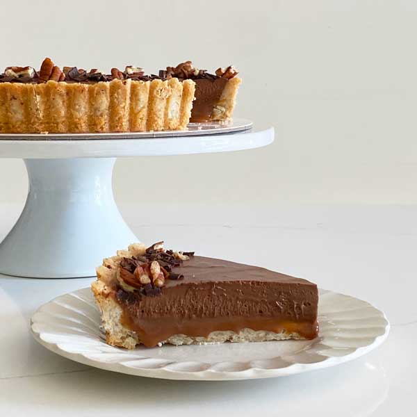 Chocolate Cream Salted Caramel Pecan Shortbread Tart